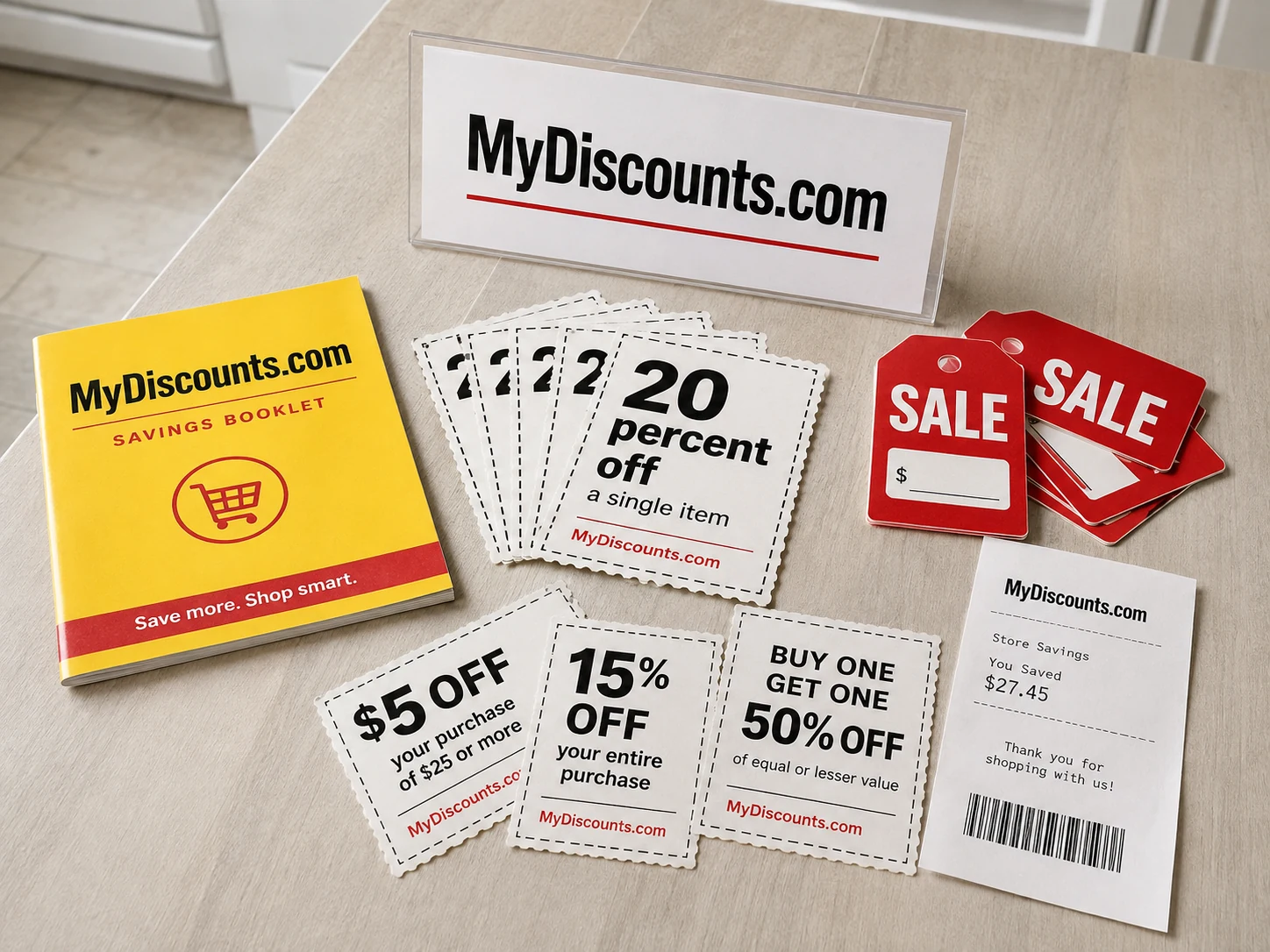 Printed coupons and sale tags marked MyDiscounts.com